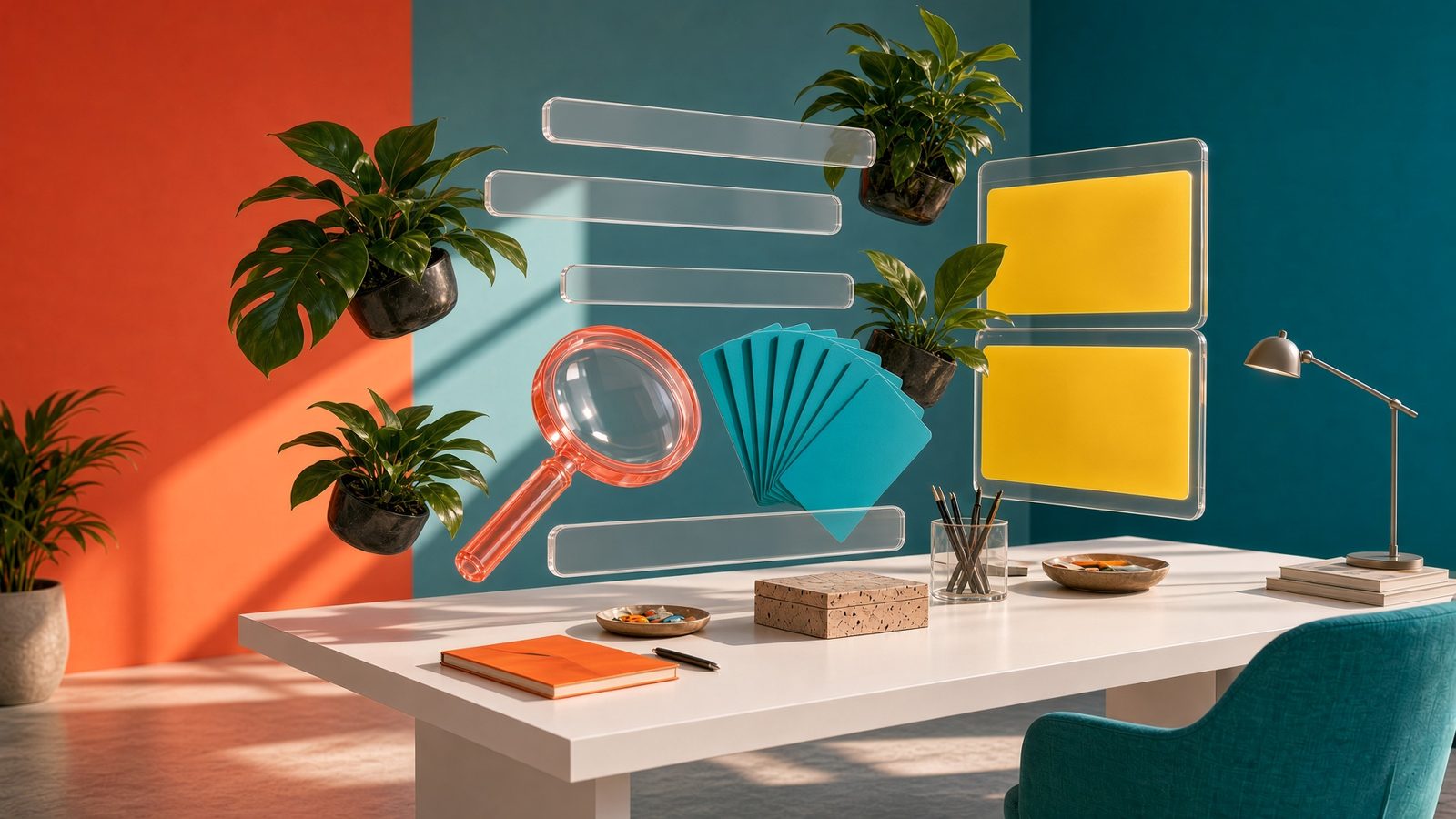 Sunlit studio with a coral magnifying glass and ranking cards — SEO and AI search services South Africa