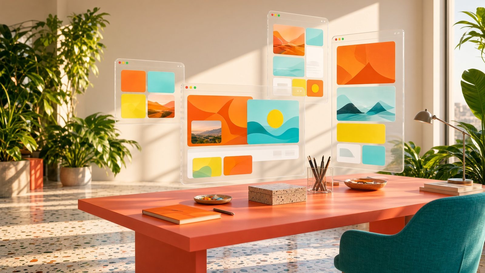 Sunlit Cape Town web studio with coral, teal and lemon website mockups — affordable web design South Africa
